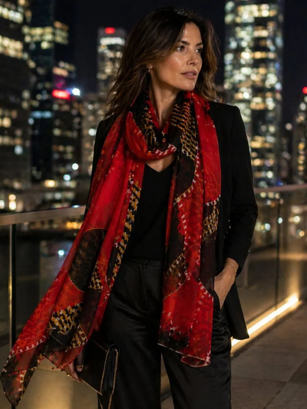 Vintage Fisher & Gentile Sheer Scarf – Red Black Gold Abstract Print | Statement